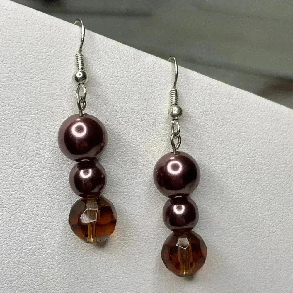 Triple Brown Pearl Crystal Dangle Fish Hook Earrings Premier Designs
